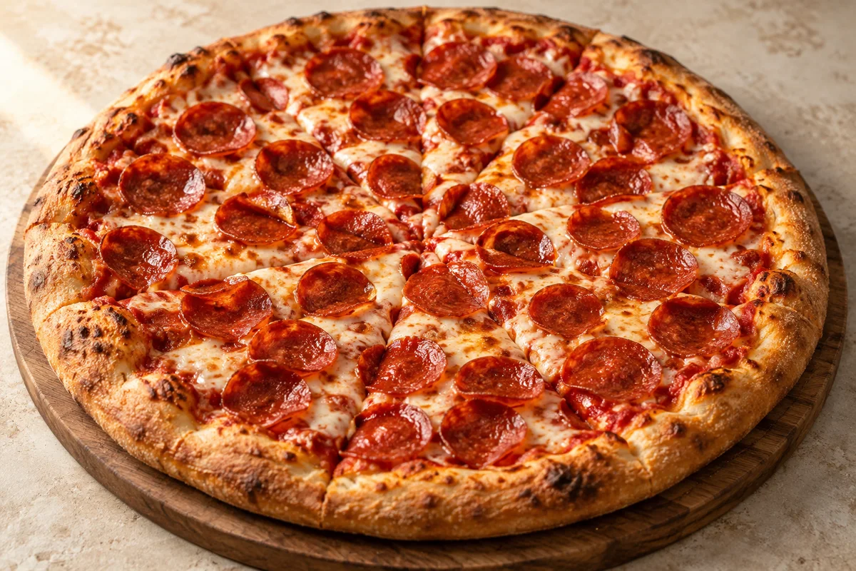 Pizza de pepperoni recién horneada